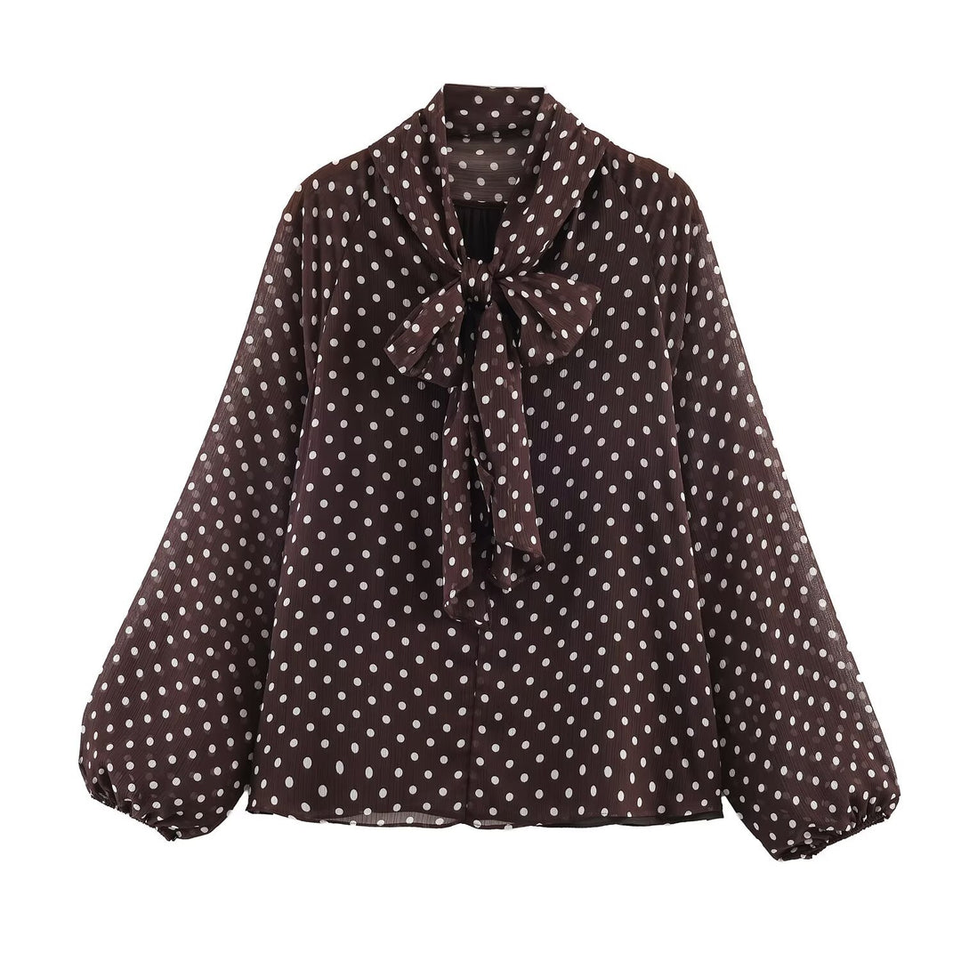Ladies 100+ Chiffon blouse with bow collar, puff sleeves and polka dot print Mune Fashion