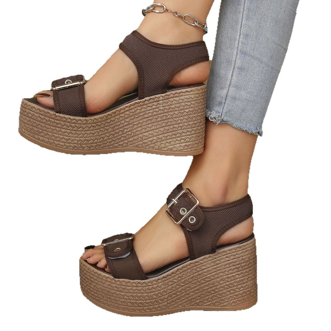 Ladies' espadrille platform sandals with textile straps, large metal buckles, and padded comfort footbed Mune Fashion