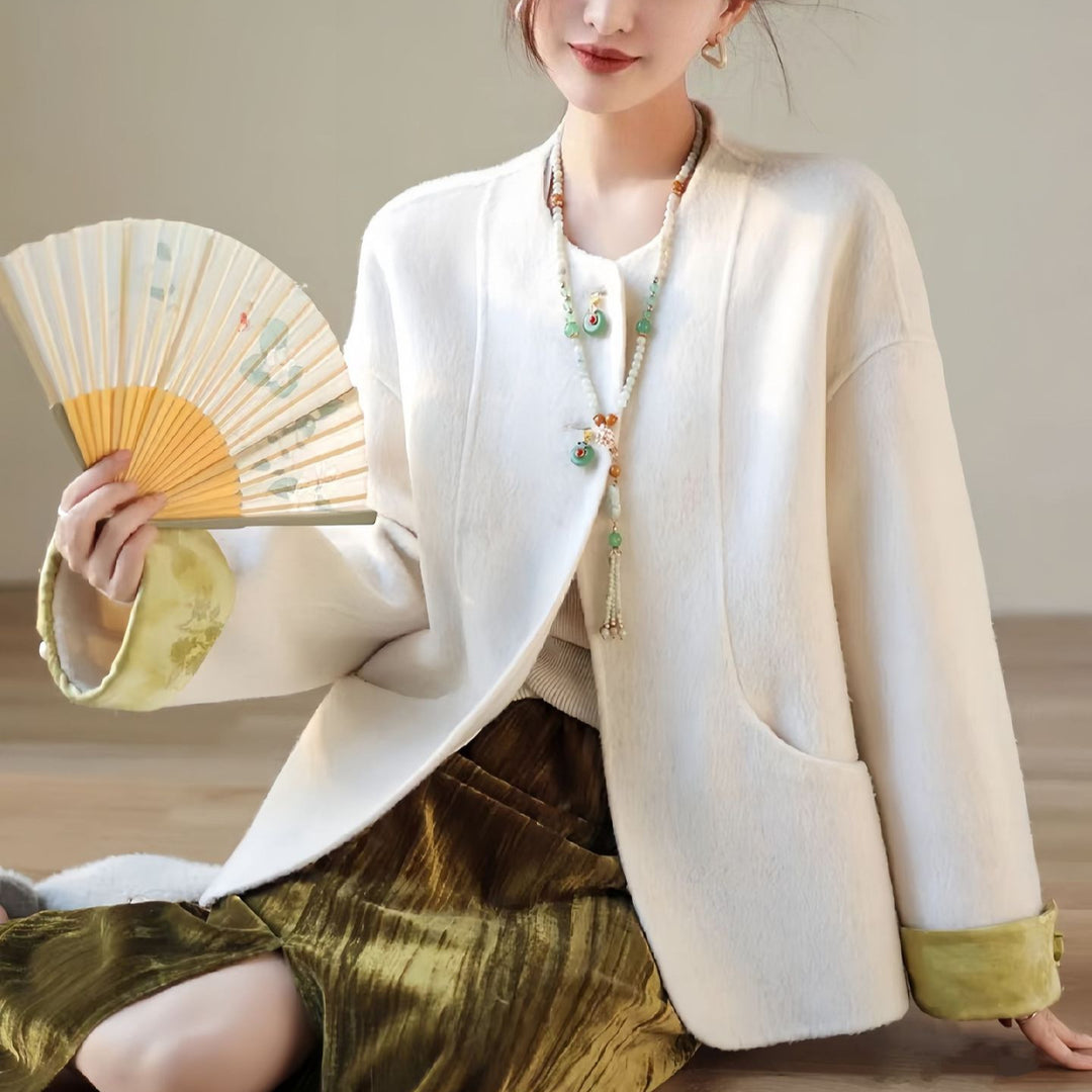 Women's Boxy Wool Jacket with Embroidered Cuffs and Stand-Up Collar Mune Fashion