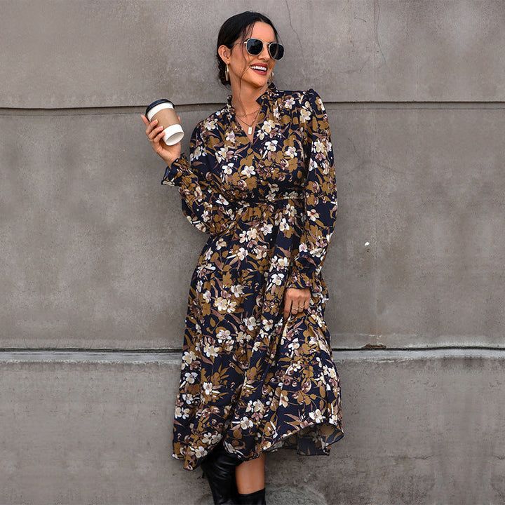 Women's Flowing Floral Midi Dress with V-Neck, Smocked Waistband, and Tiered Skirt Mune Fashion