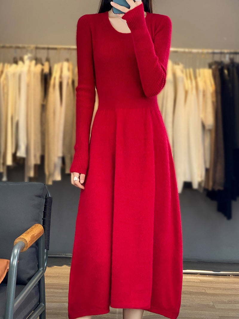 Women's Long Sleeve Midi Dress Made of Fine Knit with Tailored A-Line Silhouette Mune Fashion