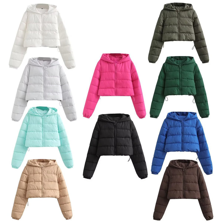 Ladies short quilted hooded jacket with drawstring, zipper and light padding Mune Fashion