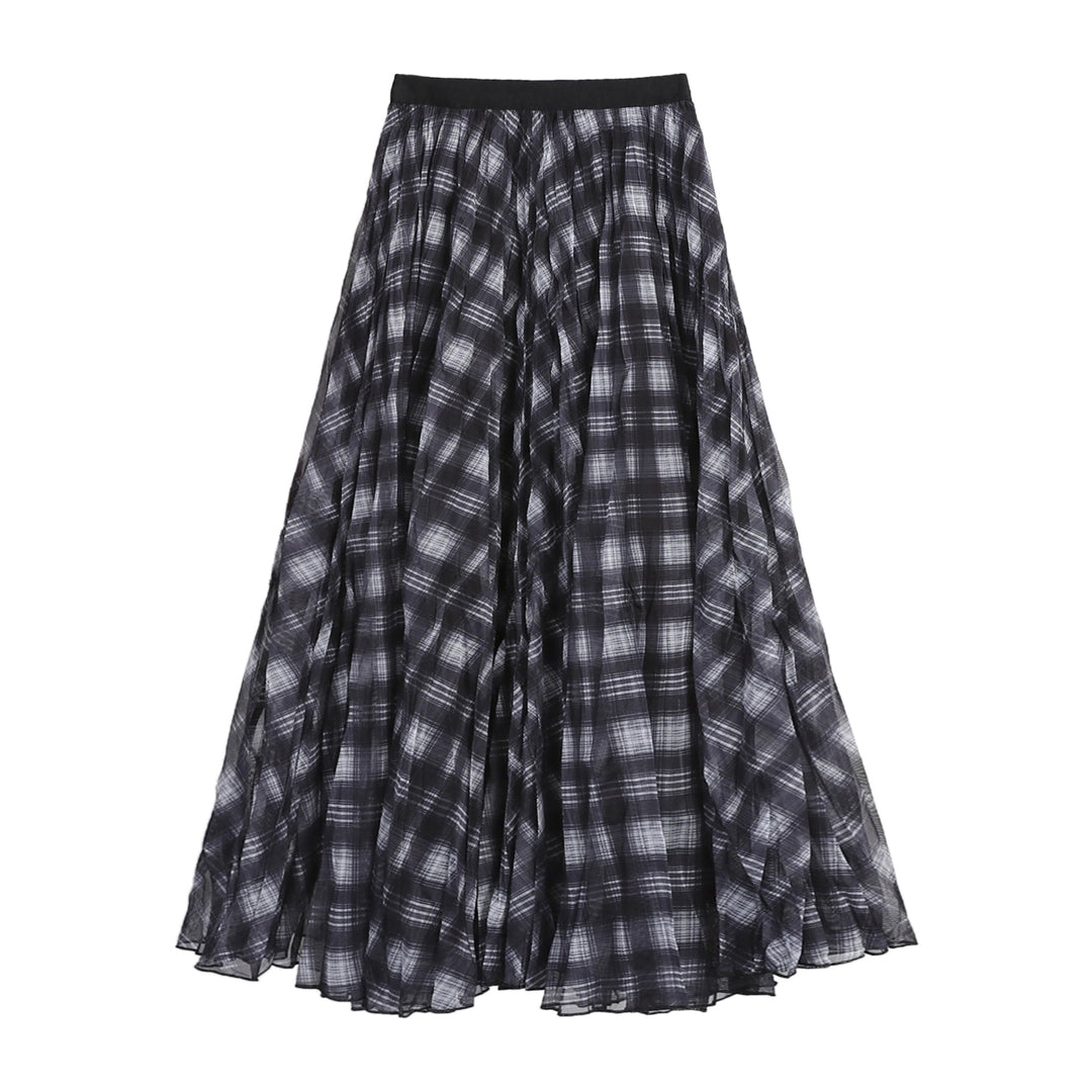 Women's pleated checked layered midi skirt with elasticated waistband and multi-layered chiffon structure Mune Fashion