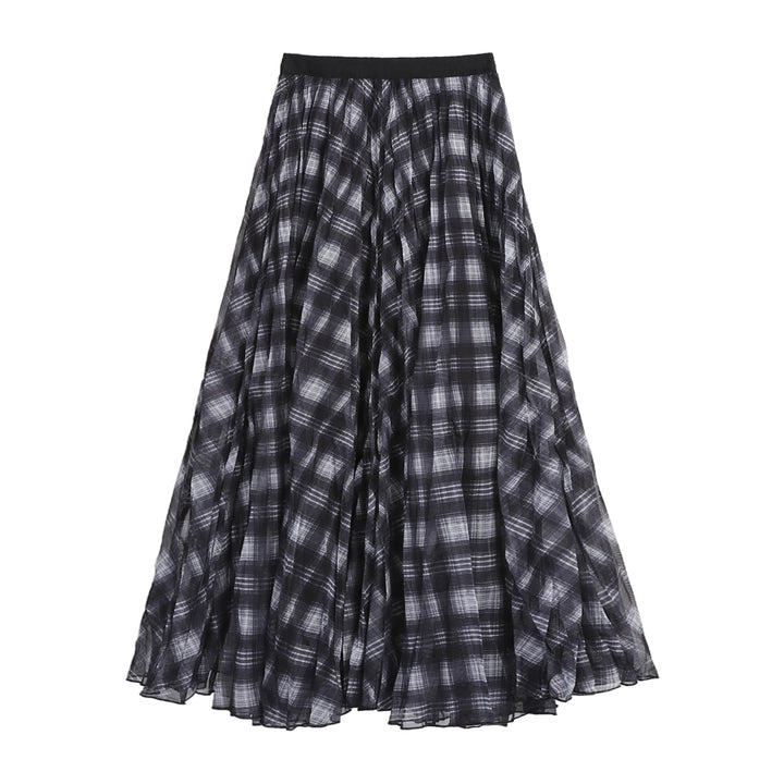 Women's pleated checked layered midi skirt with elasticated waistband and multi-layered chiffon structure Mune Fashion