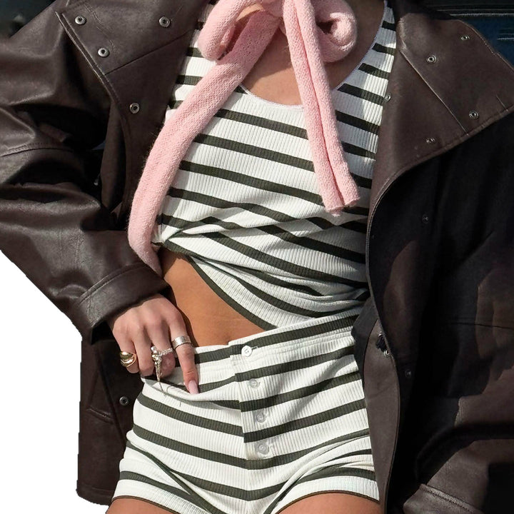 Women's striped rib lounge set with high-waisted button shorts and narrow V-neck Mune Fashion