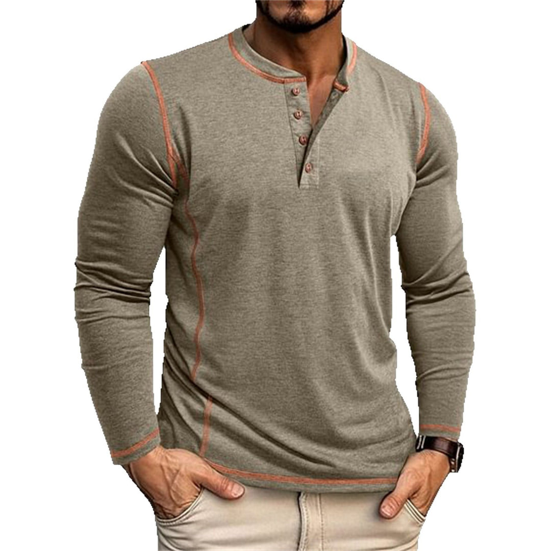 Men's Elastic Long Sleeve Henley Shirt with Contrast Stitching and Button Placket EB