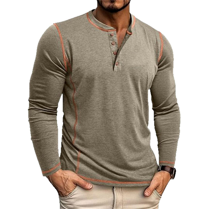 Men's Elastic Long Sleeve Henley Shirt with Contrast Stitching and Button Placket EB