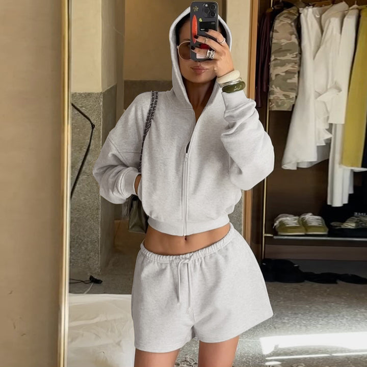 Women Nano Short Hooded Hoodie and Drawstring Shorts Lounge Set with Full Zip and High Waist Tie Mune Fashion