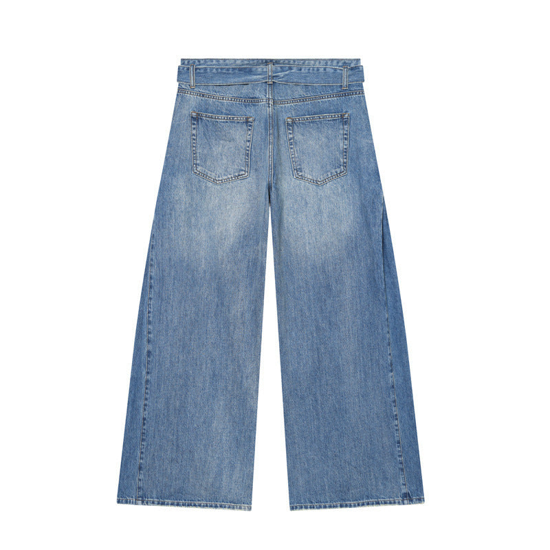 Women Wide Denim Pants with Side Pleat Inserts, High Waist and Waist Belt Mune Fashion