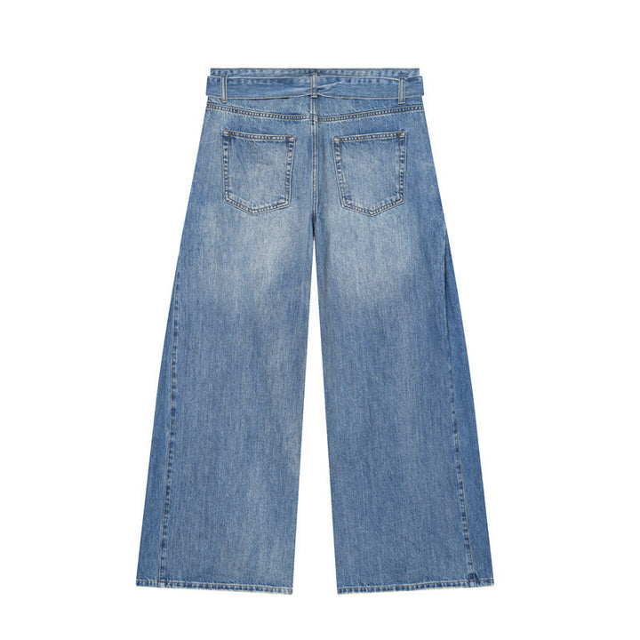 Women Wide Denim Pants with Side Pleat Inserts, High Waist and Waist Belt Mune Fashion