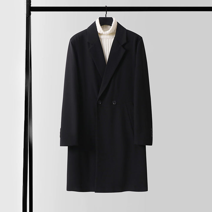Men's Double-Breasted Wool Blend Coat with Extended Length and Classic Lapels Mune Fashion