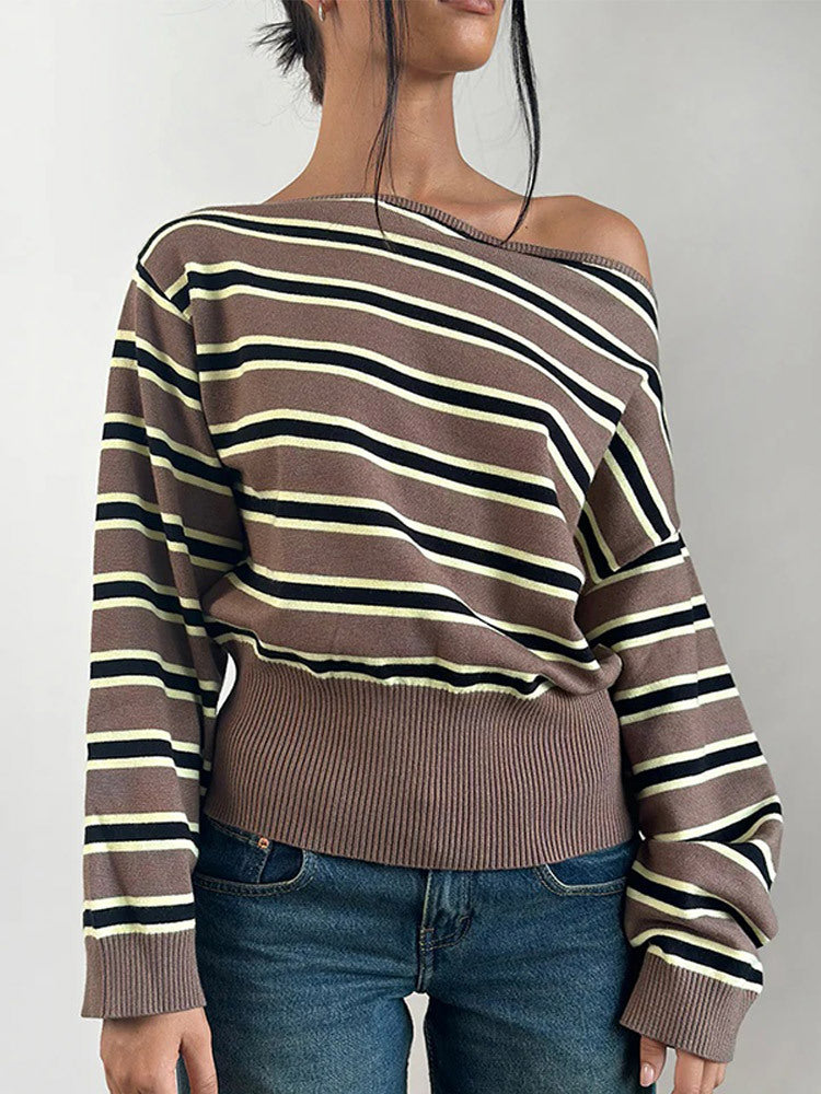 Women's fine knit boatneck pullover with asymmetrical shoulder drop, wide ribbed hem, and casual balloon sleeves Mune Fashion
