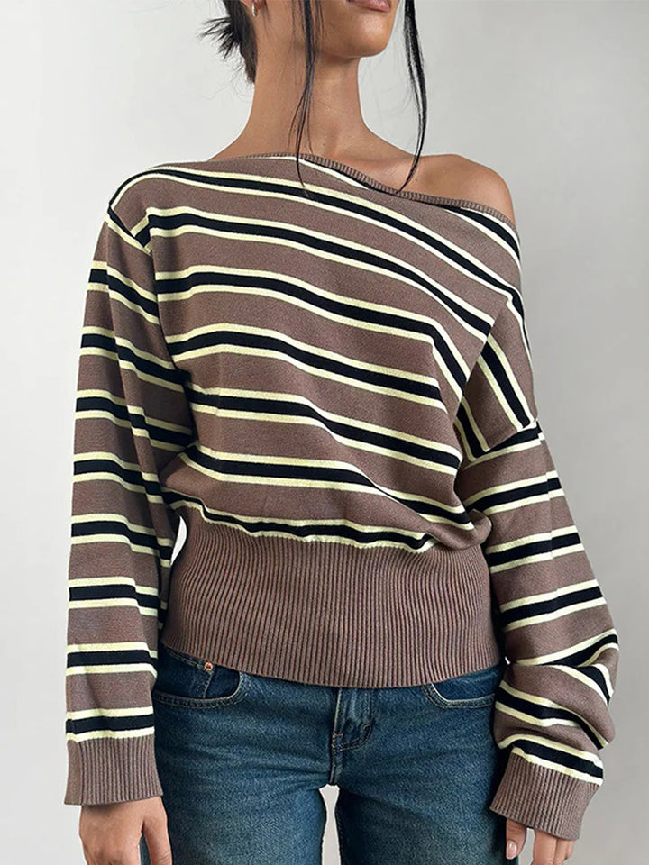 Women's fine knit boatneck pullover with asymmetrical shoulder drop, wide ribbed hem, and casual balloon sleeves Mune Fashion