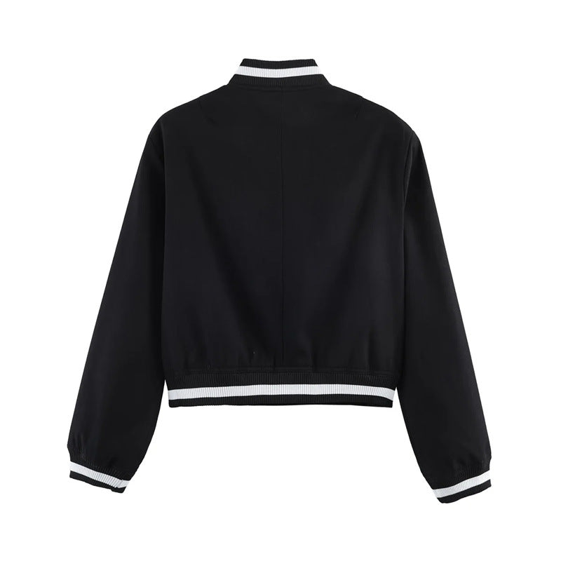 Women's short-cut bomber jacket in varsity style with ribbed cuffs and snap button closure Mune Fashion