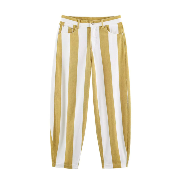 Ladies Striped High Waist Five-Pocket Trousers with Straight Leg Mune Fashion