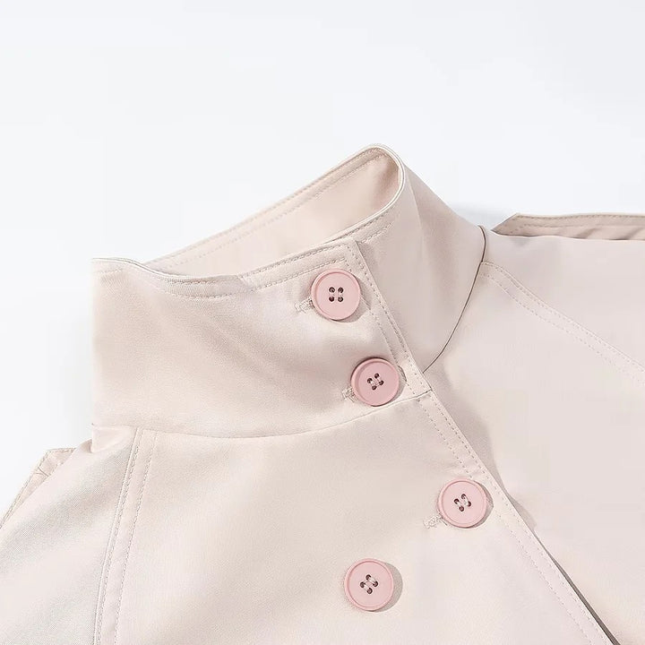 Women's short trench-style jacket with stand-up collar double-breasted and tie belt Mune Fashion