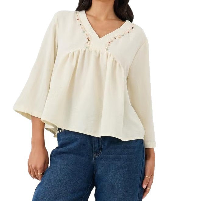 Women's Loose V-Neck Blouse Top with Embroidery Detail and Empire Gathering Drune