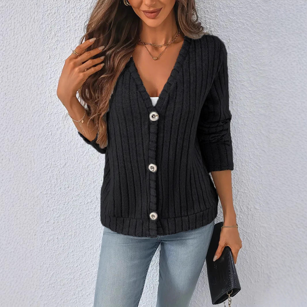 Women’s ribbed V-neck knit cardigan with decorative buttons, slightly dropped shoulder and boxy hem Mune Fashion
