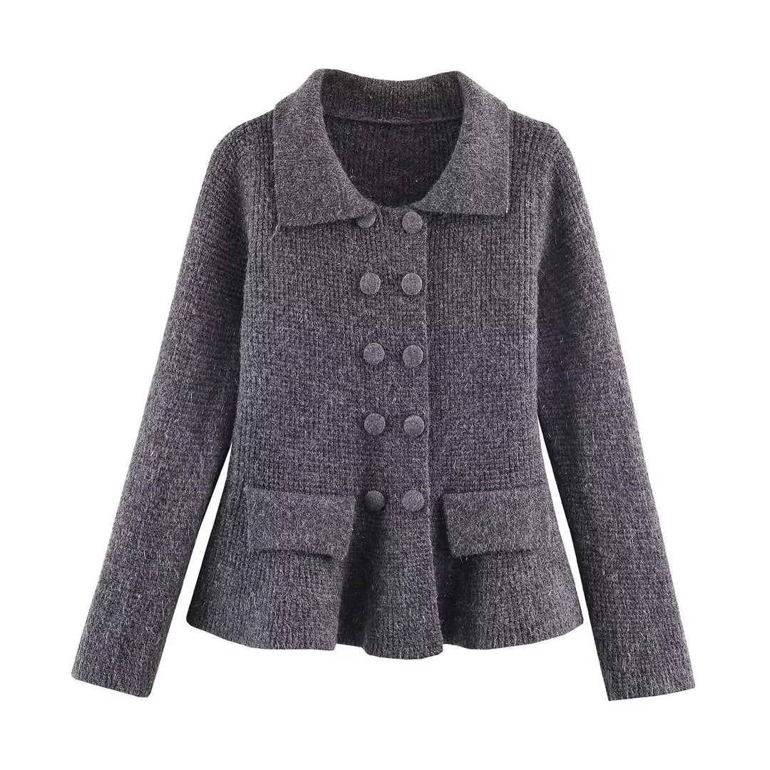 Women's Double-breasted Boucle Jacket with Peplum, Applied Pockets and Shirt Collar Mune Fashion