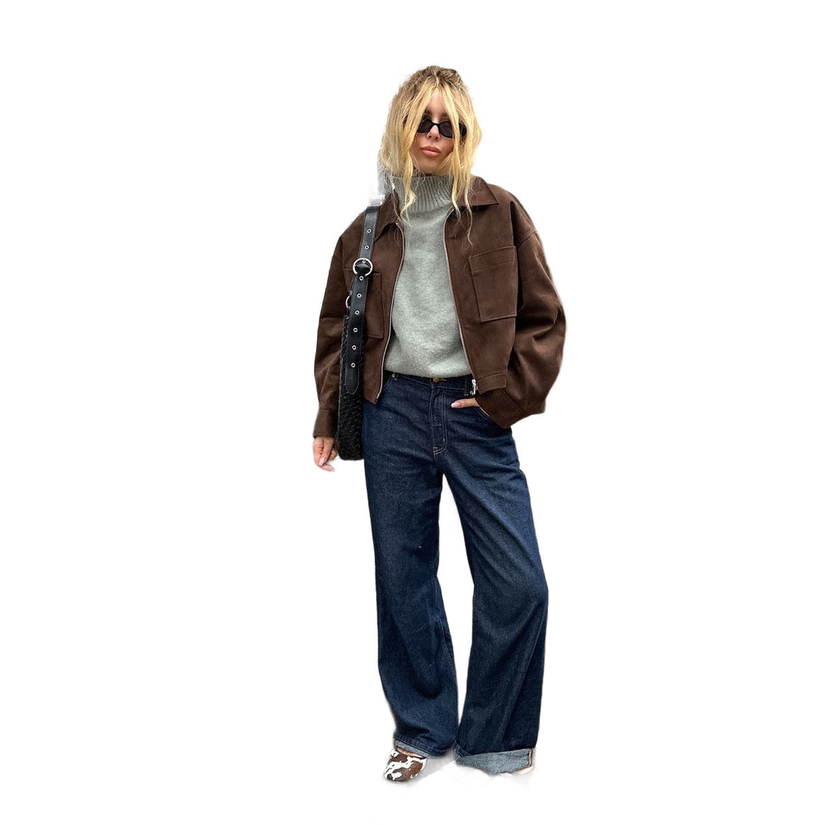 Women's short-cut velour worker jacket with zipper and patch pockets Mune Fashion