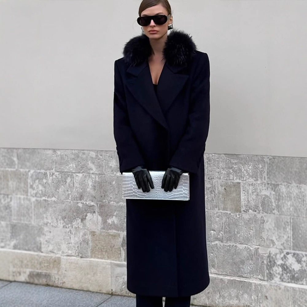 Women's long wool blend coat with generous faux fur shawl collar and oversized cut Mune Fashion