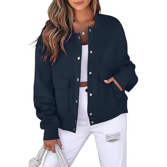 Women's casual oversized bomber jacket made of sweatshirt fabric with snap button placket and patch pockets Mune Fashion