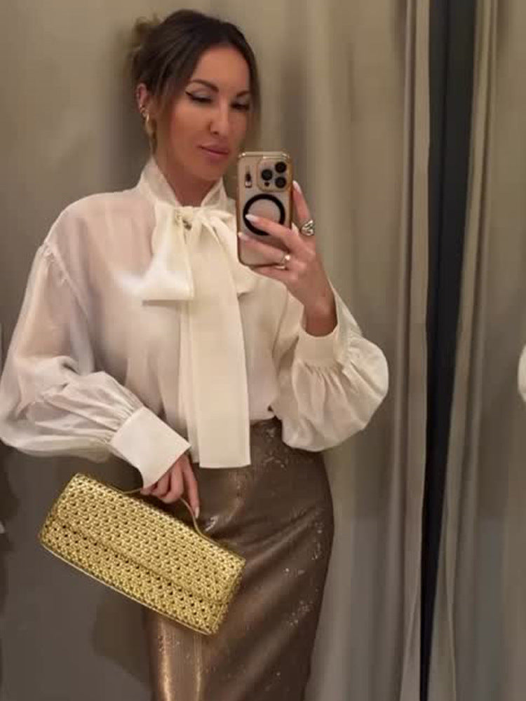 Women's Satin Bow Blouse with Balloon Sleeves & Wide Cuffs Mune Fashion