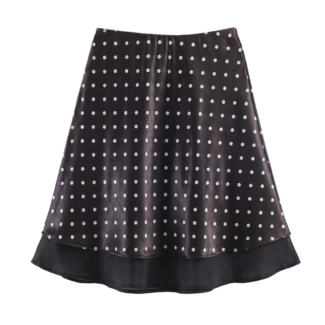 Women's A-Line Midi Skirt with Double Layer Hem and Polka Dot Print