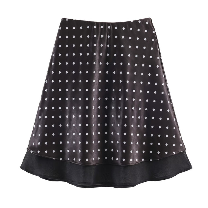 Women's A-Line Midi Skirt with Double Layer Hem and Polka Dot Print