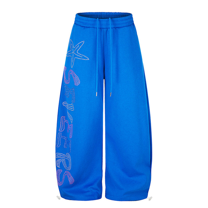 Women's Extra Wide Palazzo Jogger Pants with Drawstring Waistband, Adjustable Hem and Rhinestone Lettering Mune Fashion
