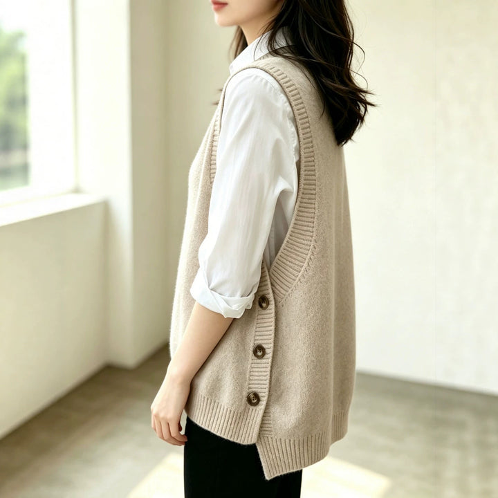 Women's knitted vest with side button plackets and round neck Mune Fashion