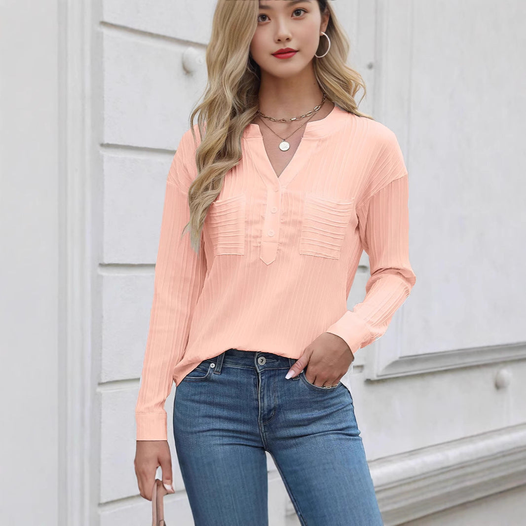 Ladies nan ribbed long sleeve blouse with V-neck, concealed button placket and patch chest pockets Mune Fashion