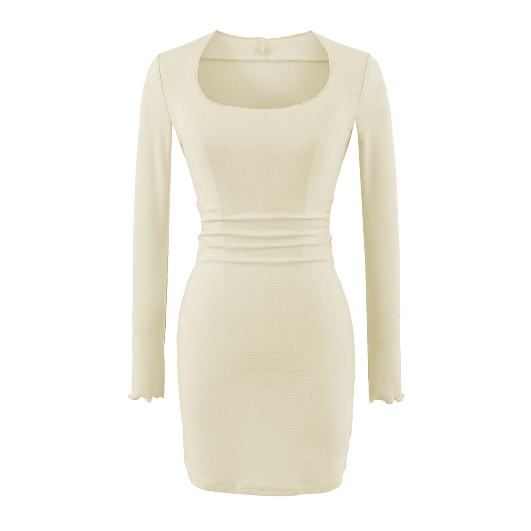 Women's Fitted Midi Dress with Square Neckline and Waist Ruching