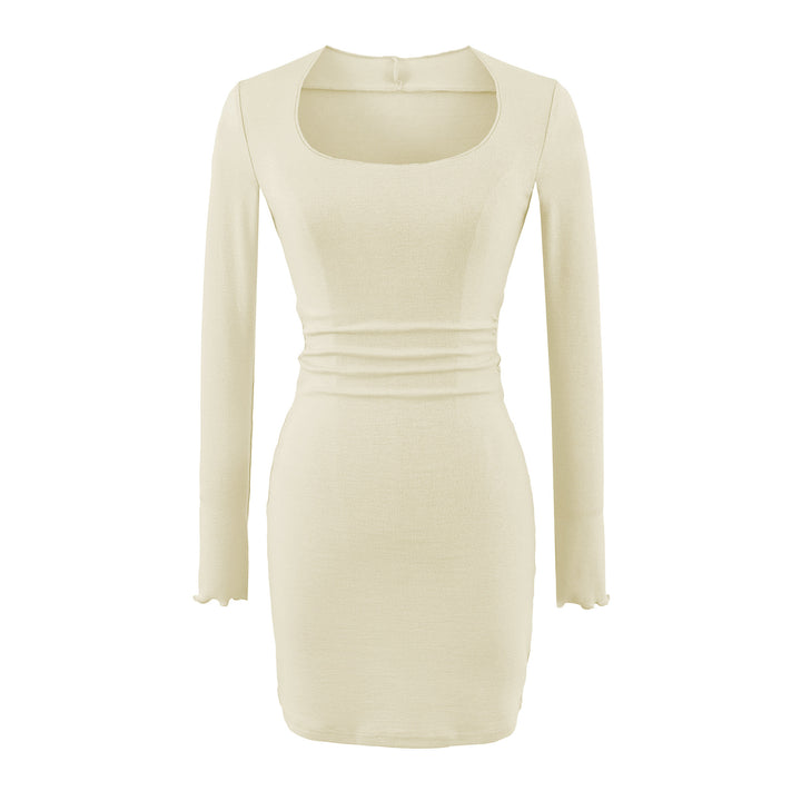Women's Fitted Midi Dress with Square Neckline and Waist Ruching