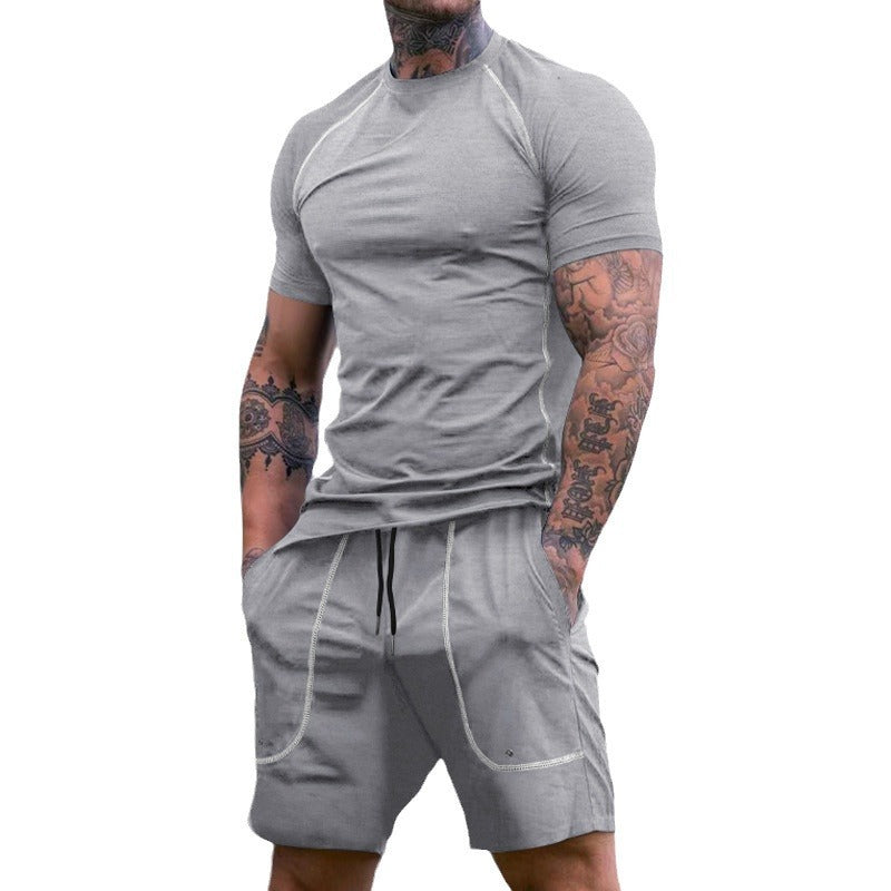 Men's Raglan-Fit Short Sleeve Shirt and Drawstring Shorts Set made of breathable stretch jersey with contrast stitching Mune Fashion