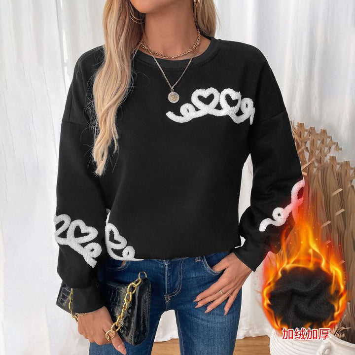 Women's Oversized Sweatshirt with Chenille Heart Applique and Ribbed Hem Mune Fashion