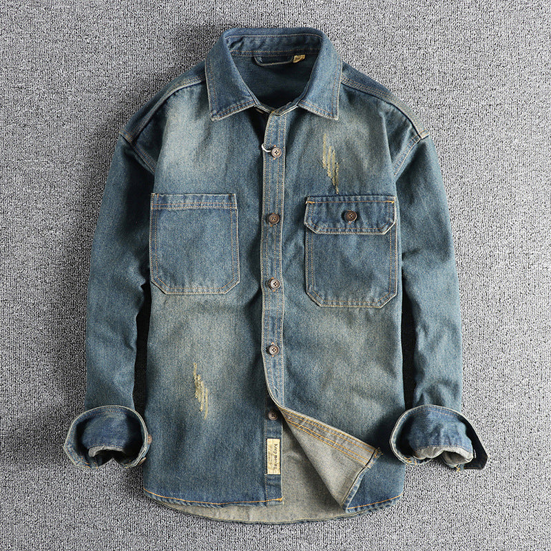 Men's denim shirt jacket in a used look with patch chest pockets and button placket Mune Fashion