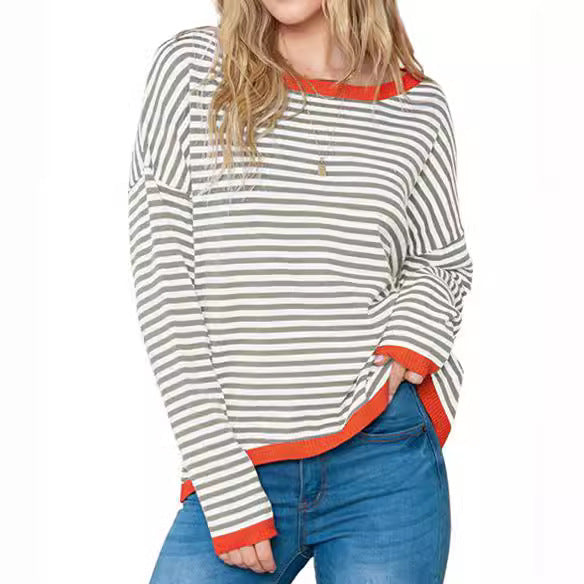 Women's striped cotton sweater with round neckline, casual fit and ribbed finishes Mune Fashion