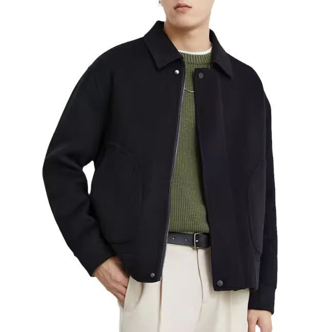 Men's Boxy Wool Blend Zip Jacket with Concealed Button Placket and Round Patch Pockets Mune Fashion