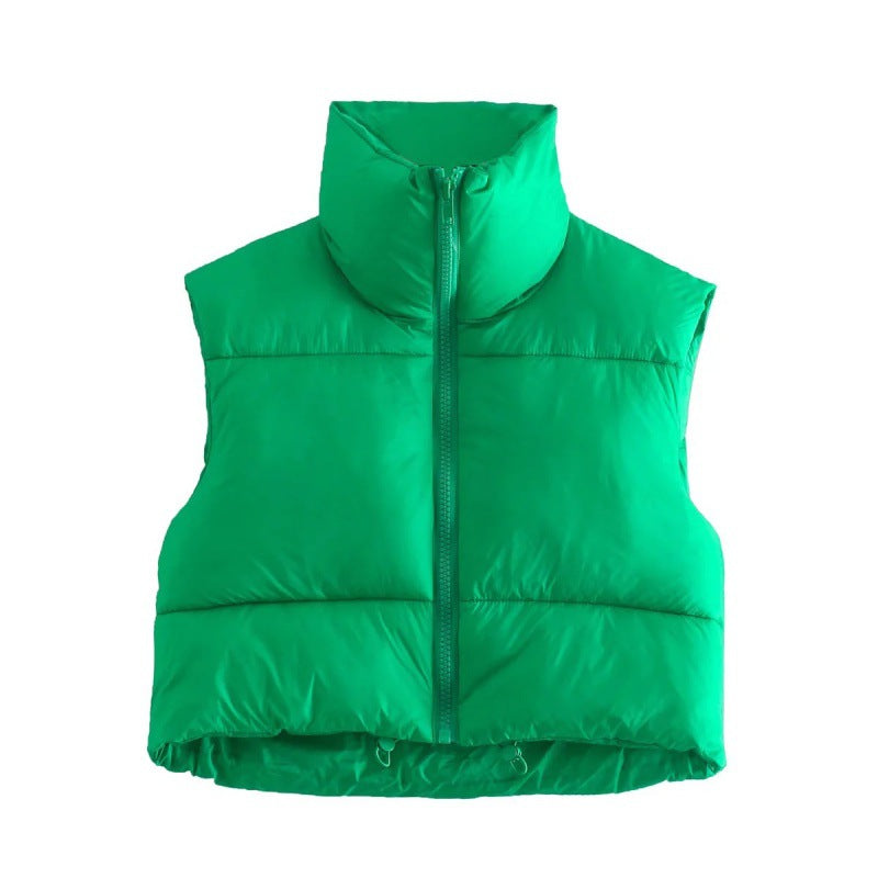Women's short quilted vest with high stand-up collar, padded thermal filling, and adjustable drawstring hem Mune Fashion