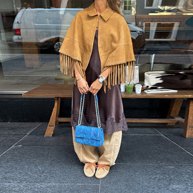 Women's Suede-Look Fringe Cape with Shirt Collar and Eyelet Decoration Mune Fashion