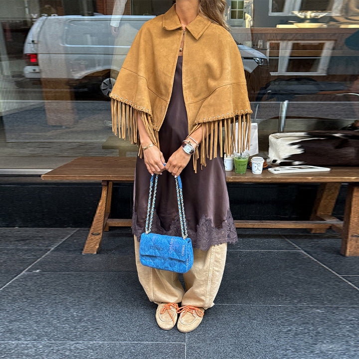 Women's Suede-Look Fringe Cape with Shirt Collar and Eyelet Decoration Mune Fashion