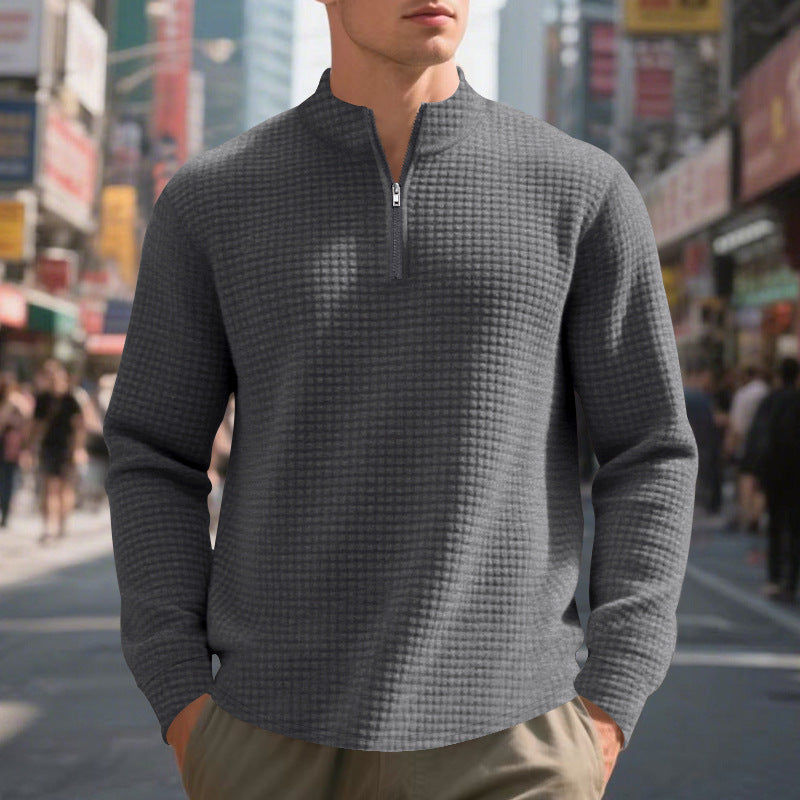 Men's Quilted Quarter-Zip Pullover with Check Pattern and Stand Collar Mune Fashion