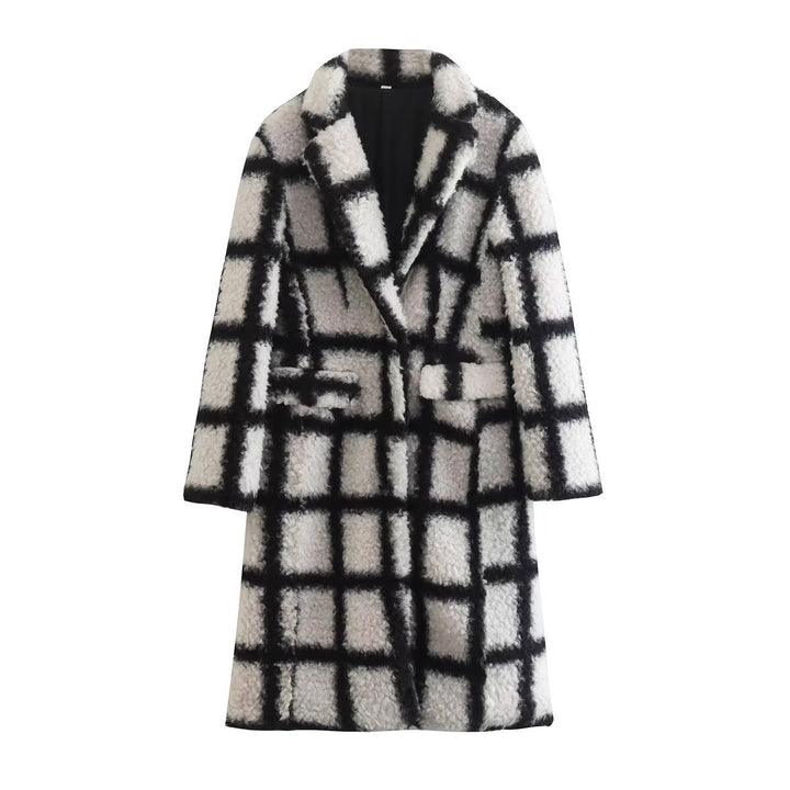 Ladies Long Checkered Teddy Coat with Revers Collar and Flap Pockets Mune Fashion