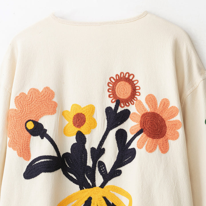 Women's Embroidered Oversized Cotton Jacket with Floral Decor and Button Placket Mune Fashion