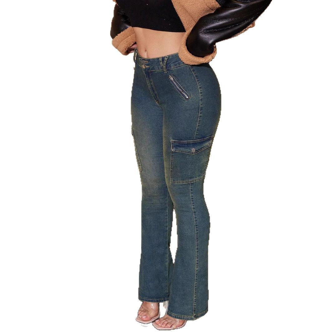 Ladies Cargo Flared Jeans with mid-rise waistband, decorative seams and patch pockets Mune Fashion