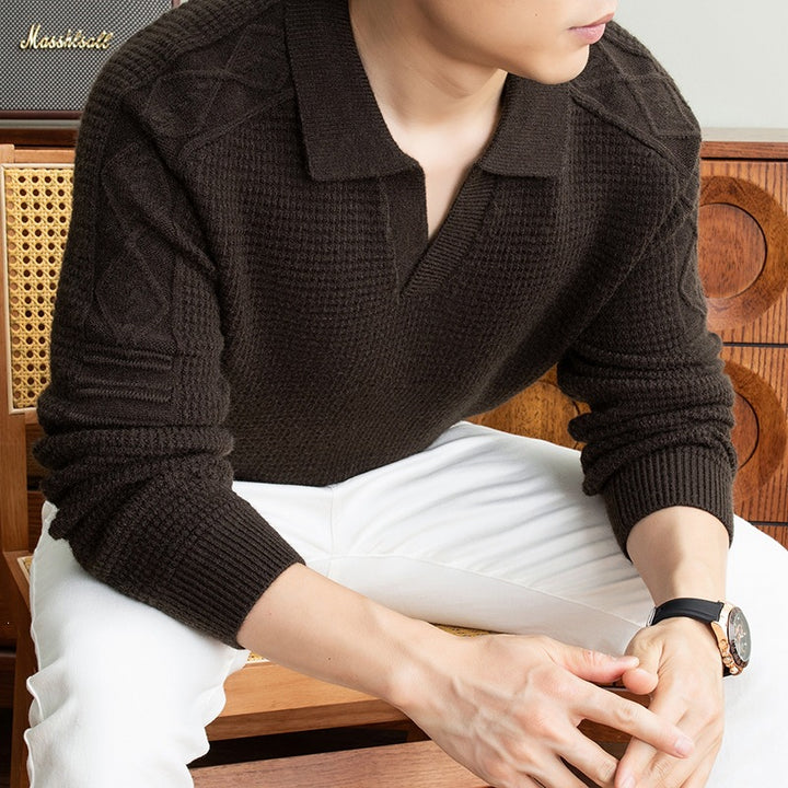 Men's polo sweater with textured waffle knit and cable pattern sleeves Mune Fashion