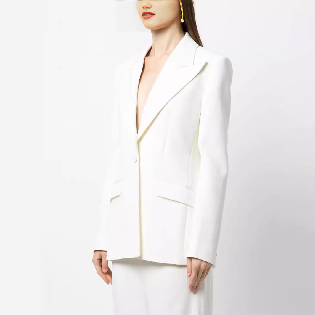 Women Elegant Single-Breasted Tailored Blazer with Tailored Cut and Wide Palazzo Pants Mune Fashion