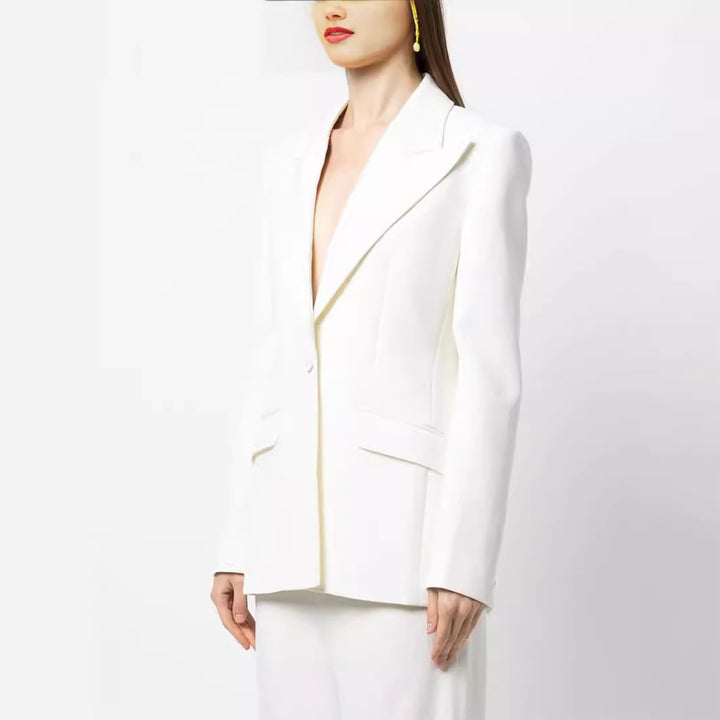 Women Elegant Single-Breasted Tailored Blazer with Tailored Cut and Wide Palazzo Pants Mune Fashion