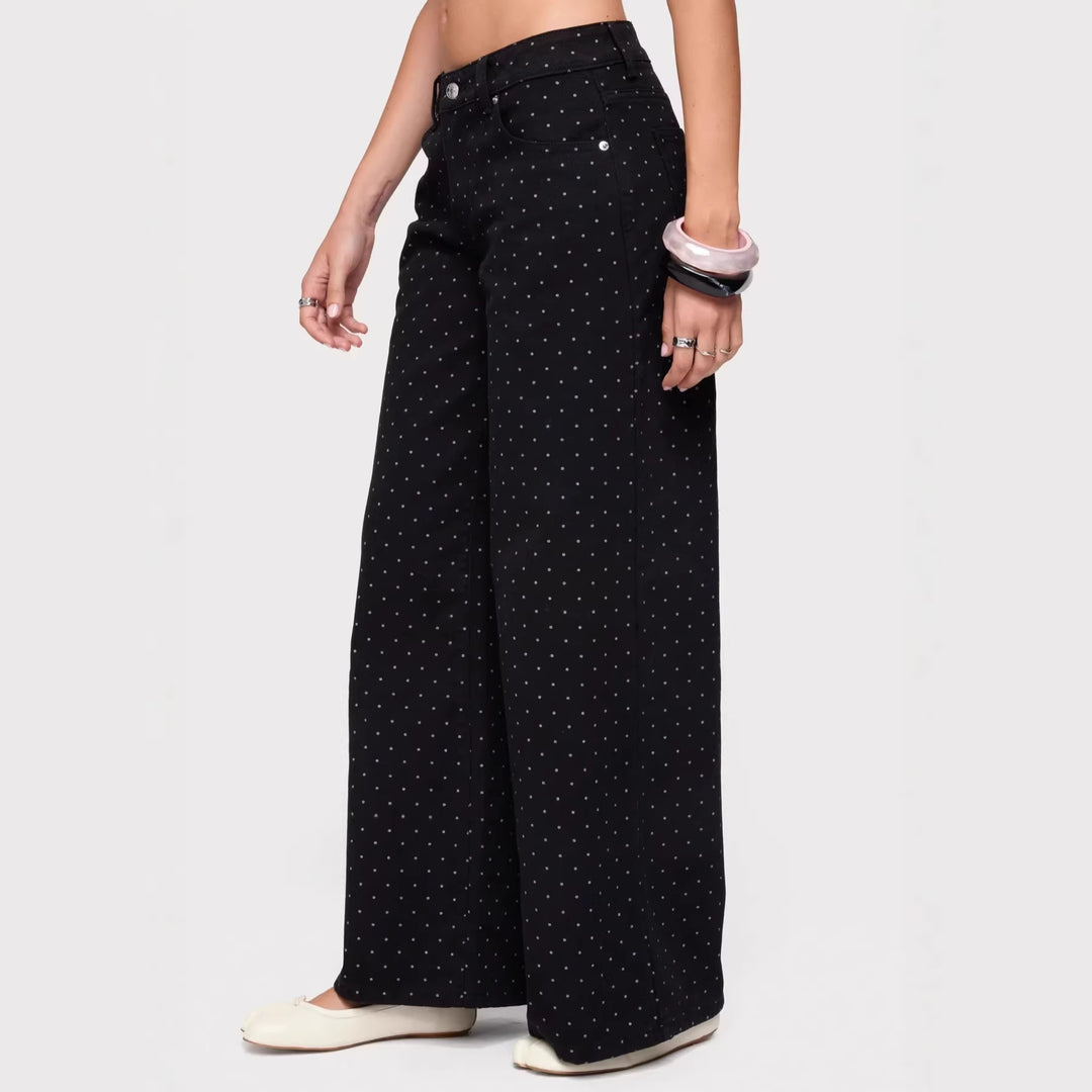 Women's high-waisted wide denim pants with continuous dot pattern and classic pocket design Mune Fashion
